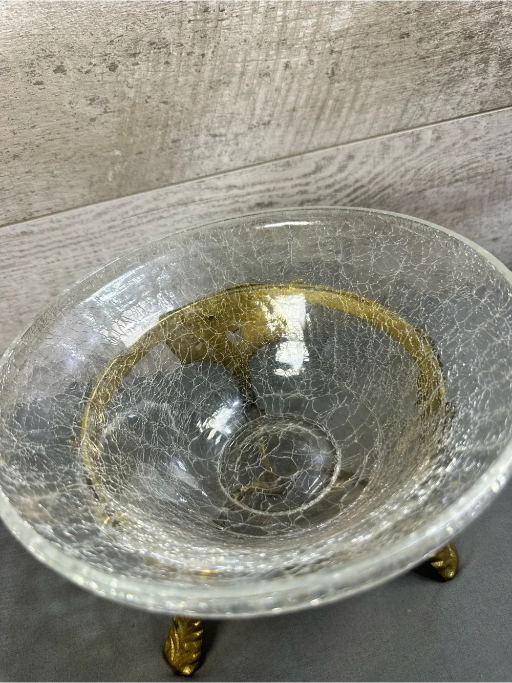 Vintage Crackle Glass Bowl with Ornate Brass Tripod Stand Centerpiece